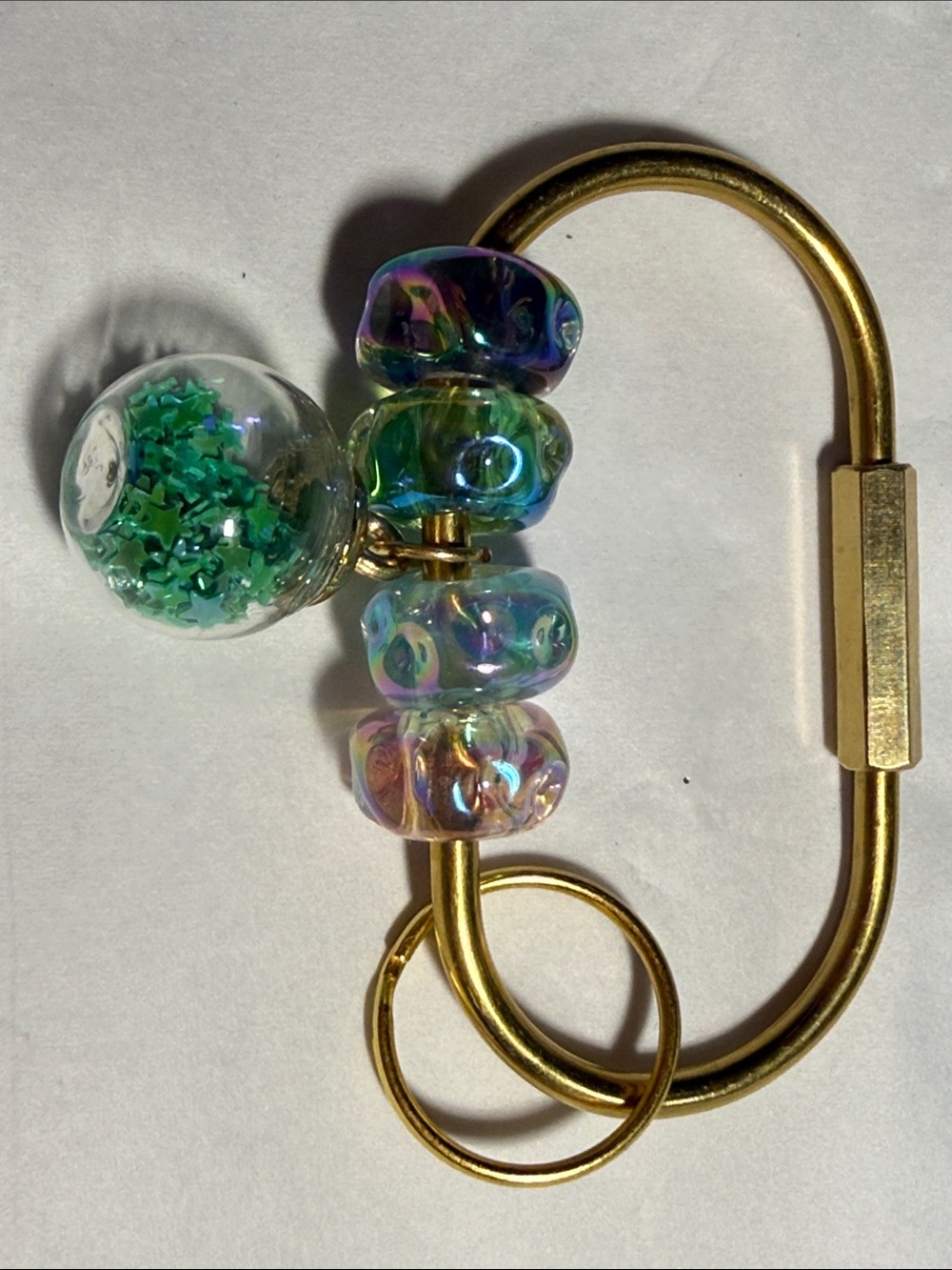 Gold Tone Carabiner Keyring with Iridescent Acrylic Beads and Green Glitter Orb